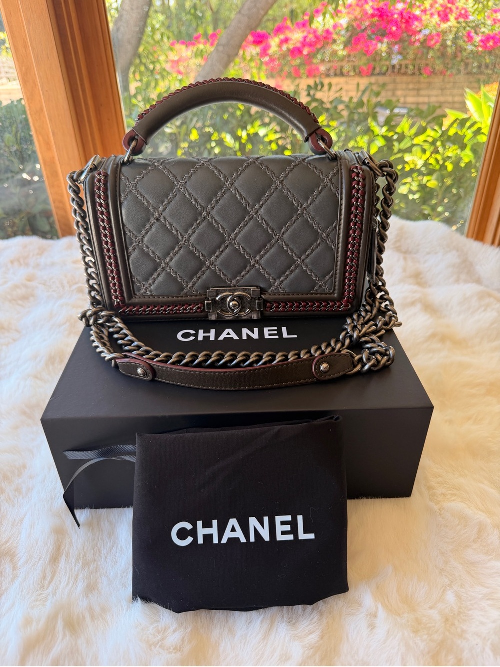 CHANEL Paris Salzburg Boy Top Handle Bag Grey Burgundy Chain Limited Edition